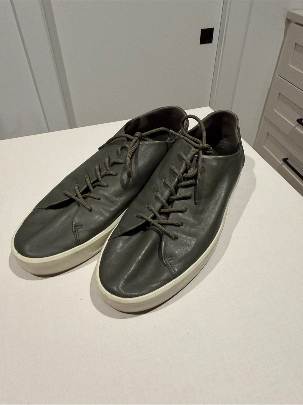 Ecco Olive Green Leather Casual Sneakers with Off-White Sole